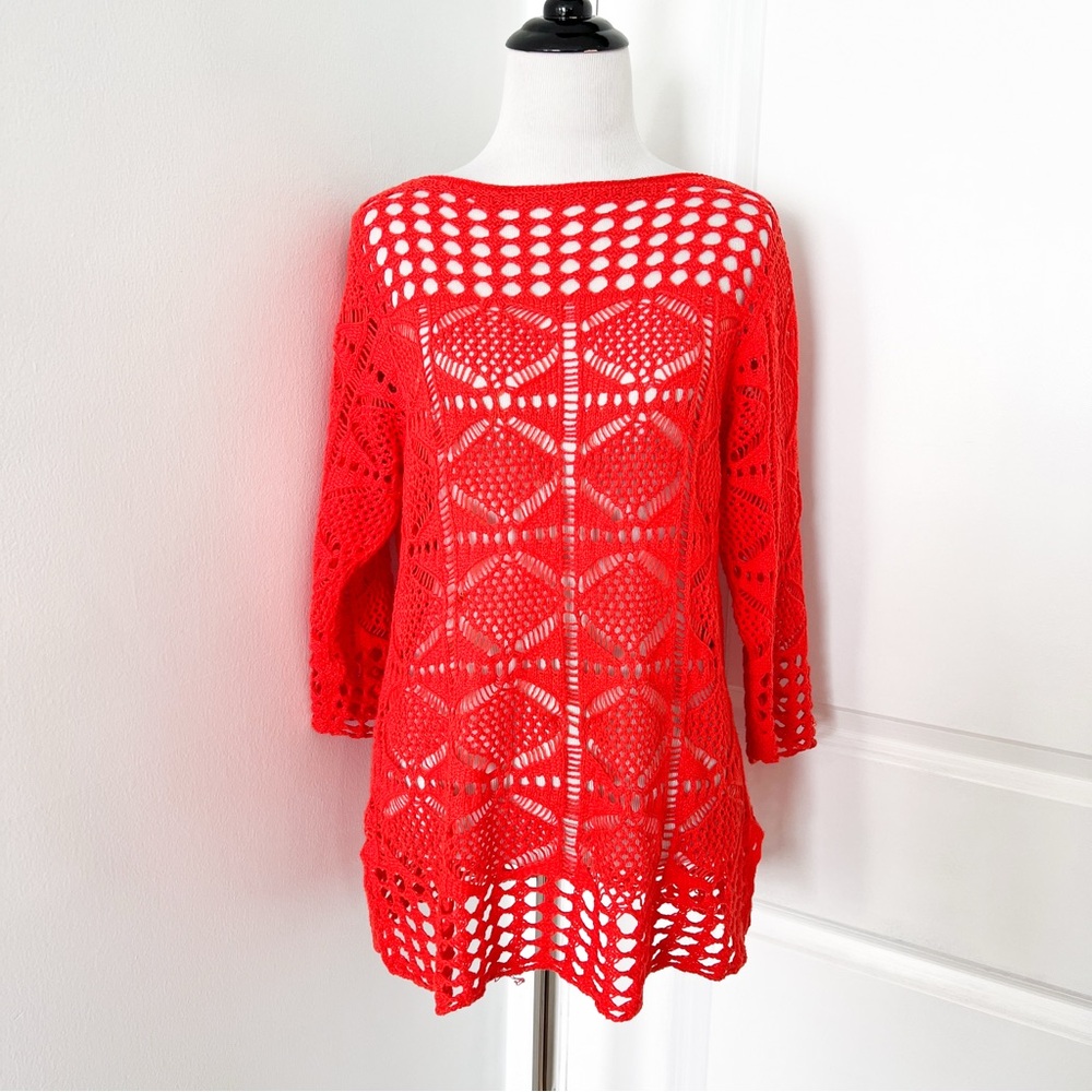 Jean Pierre Bright Red - Orange Crochet Tunic Sweater - Medium